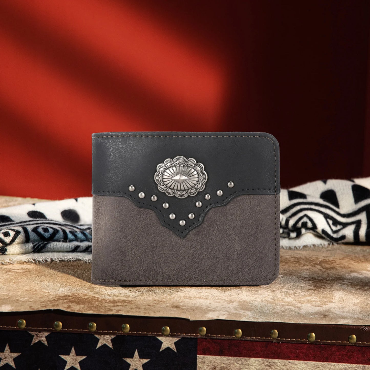 Montana West Mens Block Navajo Concho Bifold PU Leather Wallet - Coffee - MW604