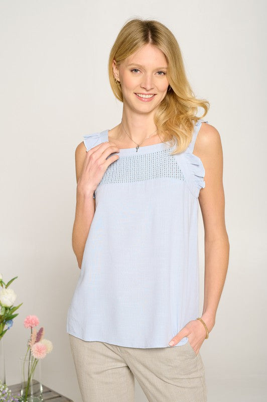 Doe and Rae Sheer Mesh Yoke Flutter Sleeve Linen Top