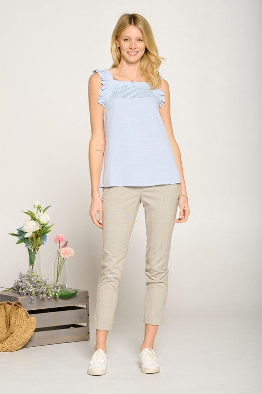 Doe and Rae Sheer Mesh Yoke Flutter Sleeve Linen Top