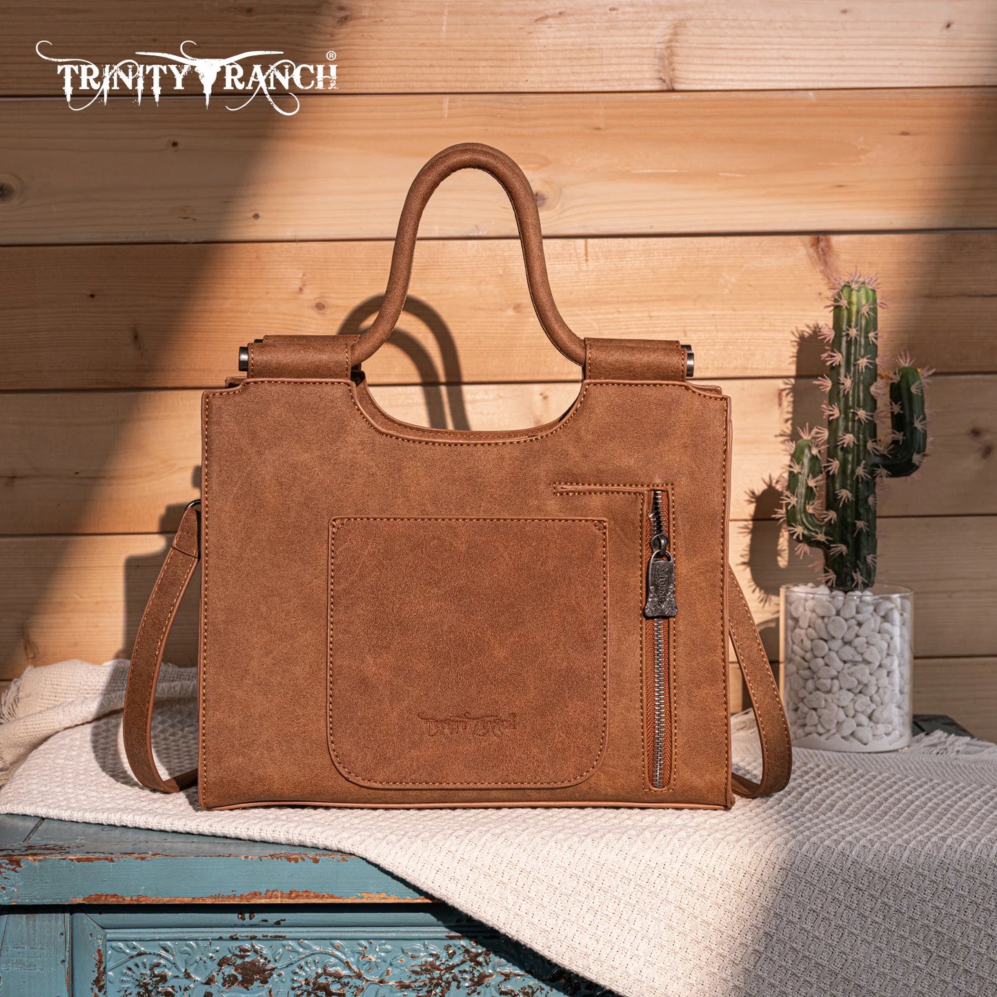 Trinity Ranch Floral Aztec Tooled Carry Tote/Crossbody Bag - Brown
