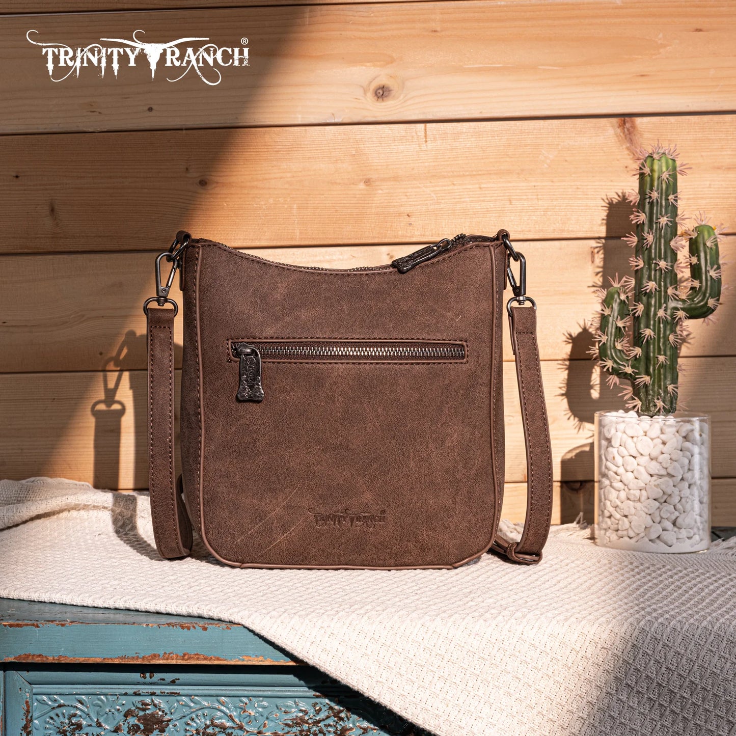 Trinity Ranch Floral Aztec Tooled Crossbody Bag - Coffee
