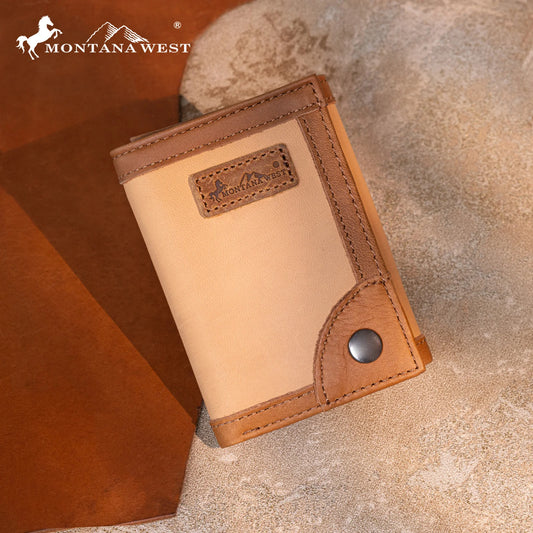 Montana West Genuine Leather Tooled Tri-Fold RFID Wallet - Tan