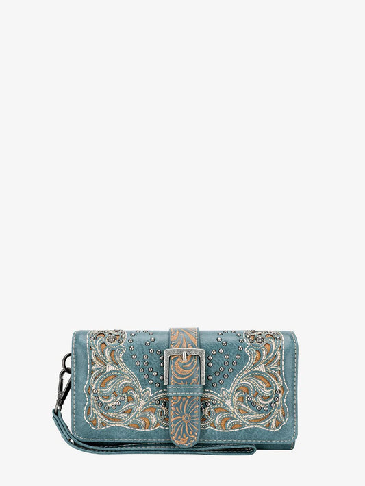 Montana West Embroidered Cut Out Floral Buckle Wallet - Turquoise - MW1143-W018