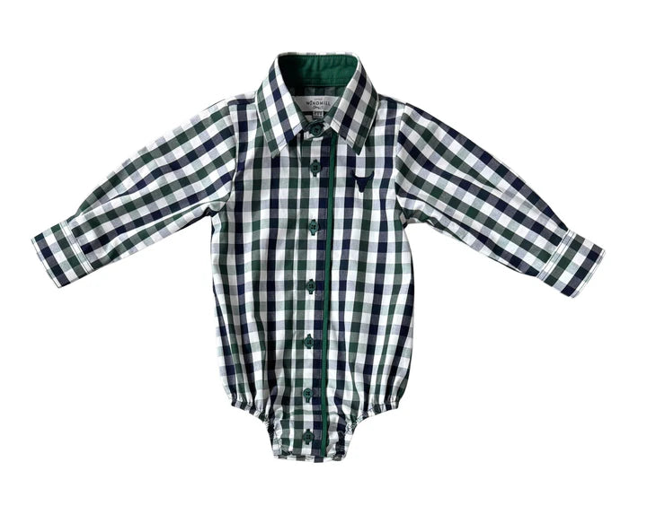 Little Windmill Cody Green and Navy Gingham L/S Romper