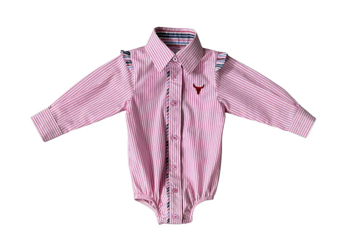Little Windmill Lara Multi Stripe Pink Ruffle L/S Romper