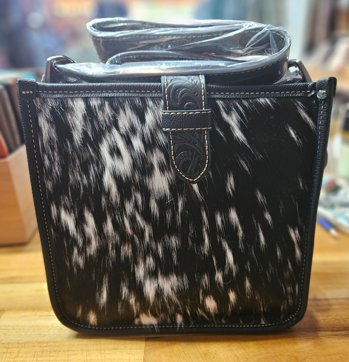 Trinity Ranch Hair-On Cowhide Vintage Floral Tooled Handbag with Adjustable Strap - TR157918CF