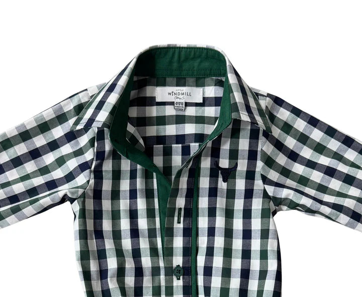 Little Windmill Cody Green and Navy Gingham L/S Romper