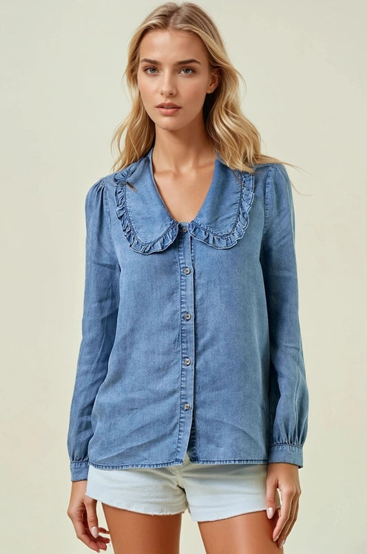 Doe and Rae Tencel Denim Long Sleeve Button Down Shirt Blouse