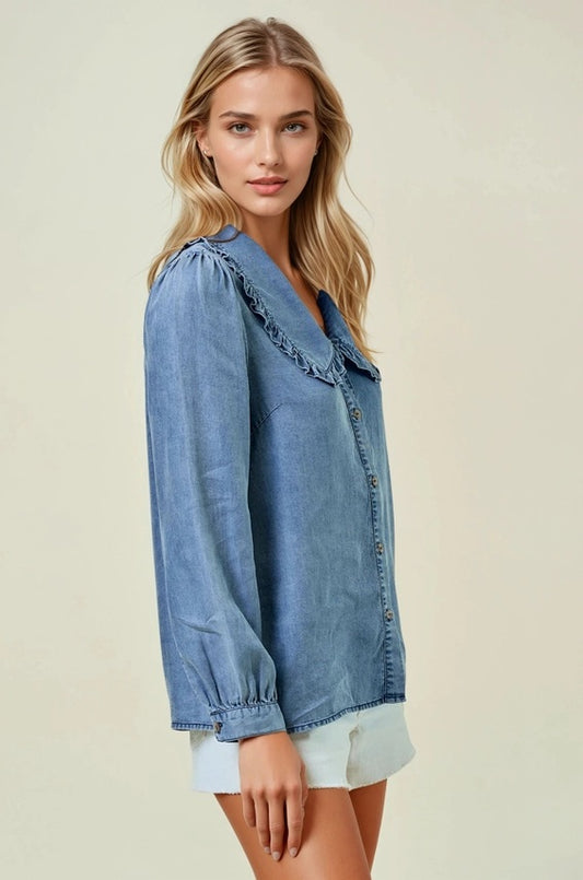 Doe and Rae Tencel Denim Long Sleeve Button Down Shirt Blouse
