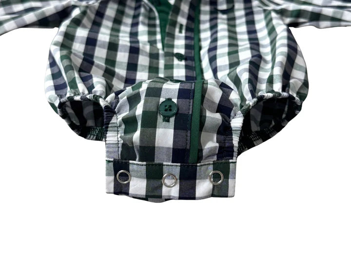Little Windmill Cody Green and Navy Gingham L/S Romper