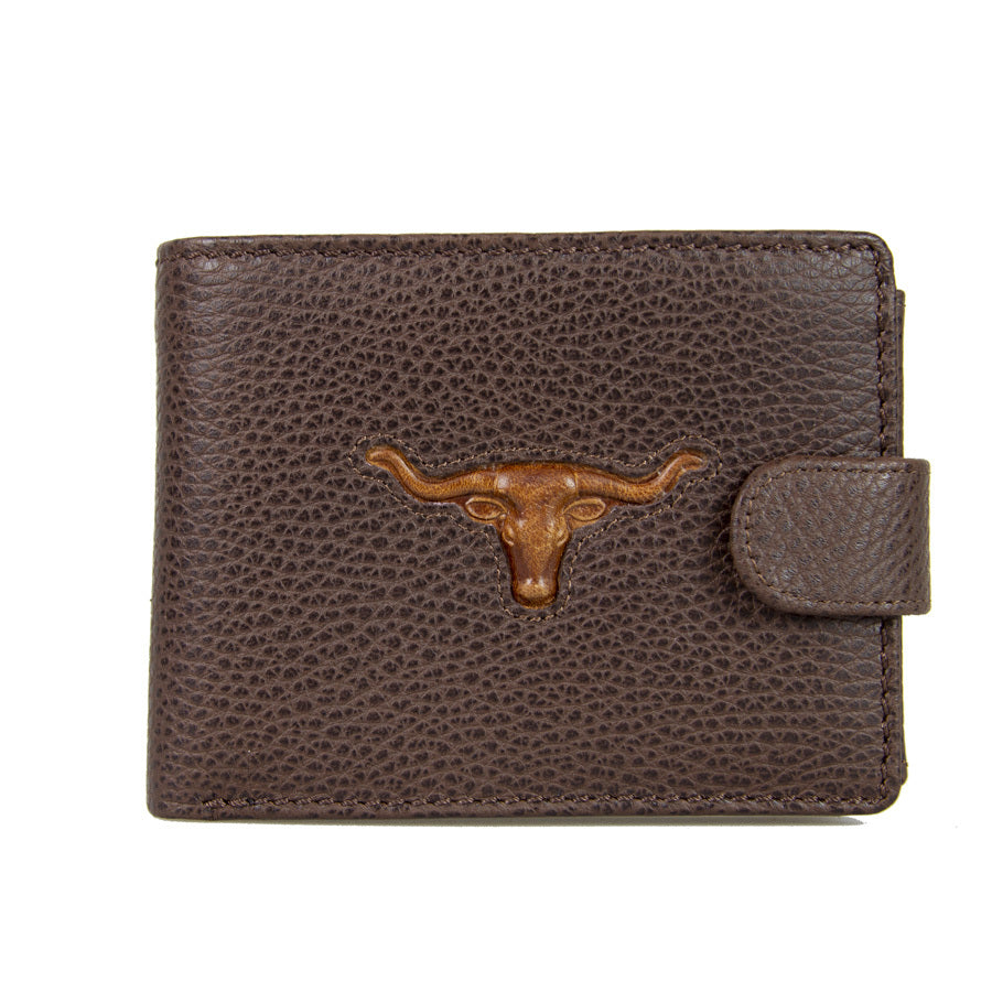 Brigalow Mens Distressed Leather Tri Fold Wallet - Steer Head