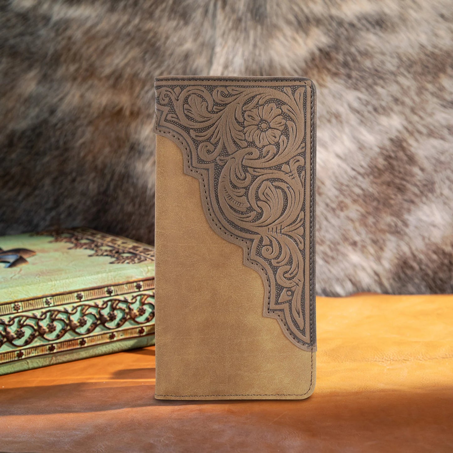 Montana West Mens Vintage Embossed Floral Bifold PU Leather Long Wallet - Tan - MW611