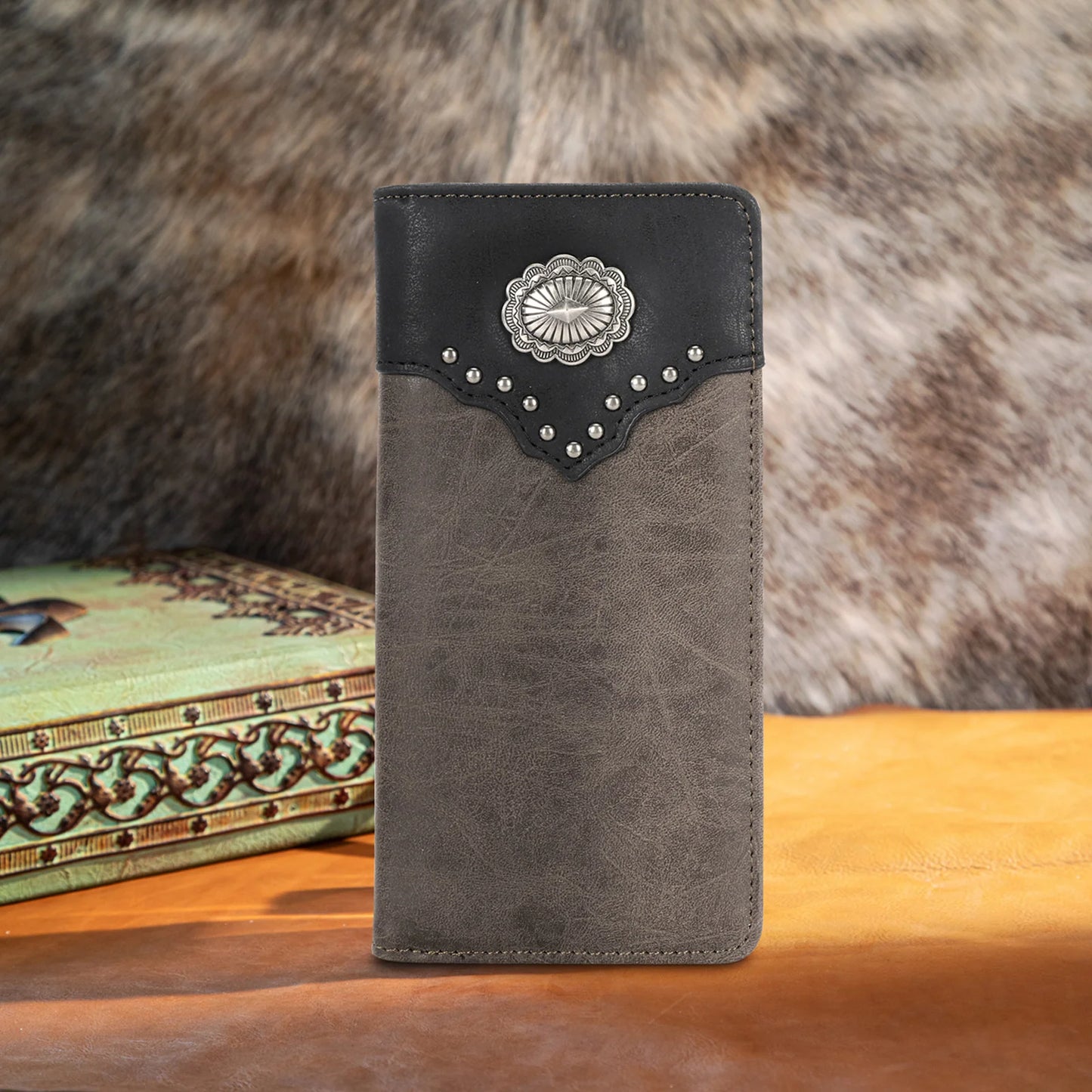 Montana West Mens Block Colour Navajo Concho Bifold PU Leather Long Wallet - Coffee - MW609