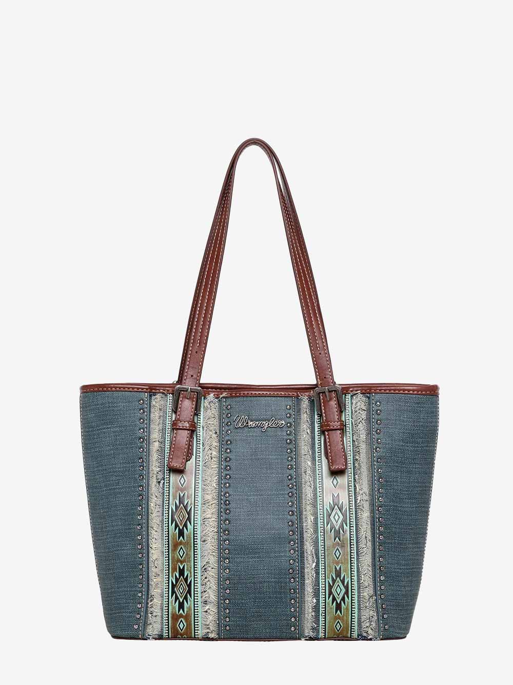 Montana West Wrangler Aztec Embossed Fray Denim Tote Bag - Jean - WG060-G8317