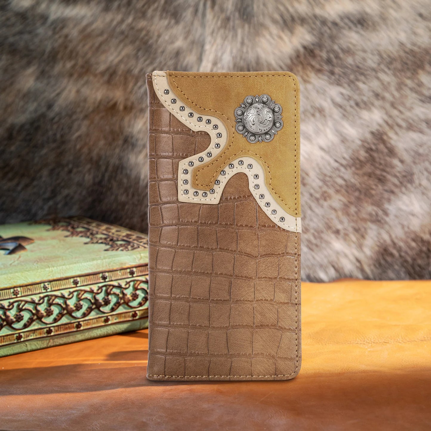 Montana West Croc Print Concho Bifold Long Wallet - Brown - MW608