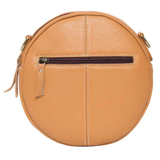 The Design Edge Ladies Jamaica Tooling Leather Round Cowhide Bag - Tan/White - AB08