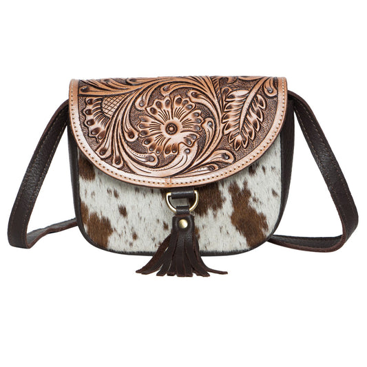 The Design Edge Ladies Tooling Leather Cowhide Small Bag - Brown & White - AB17