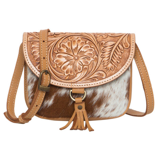 The Design Edge Ladies Haiti Leather Cowhide Small Bag - Tan & White - AB17