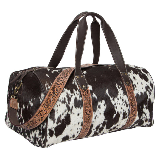 The Design Edge Ladies Tooling Leather Cowhide Travel Bag - Brown & White Hairon - AT61