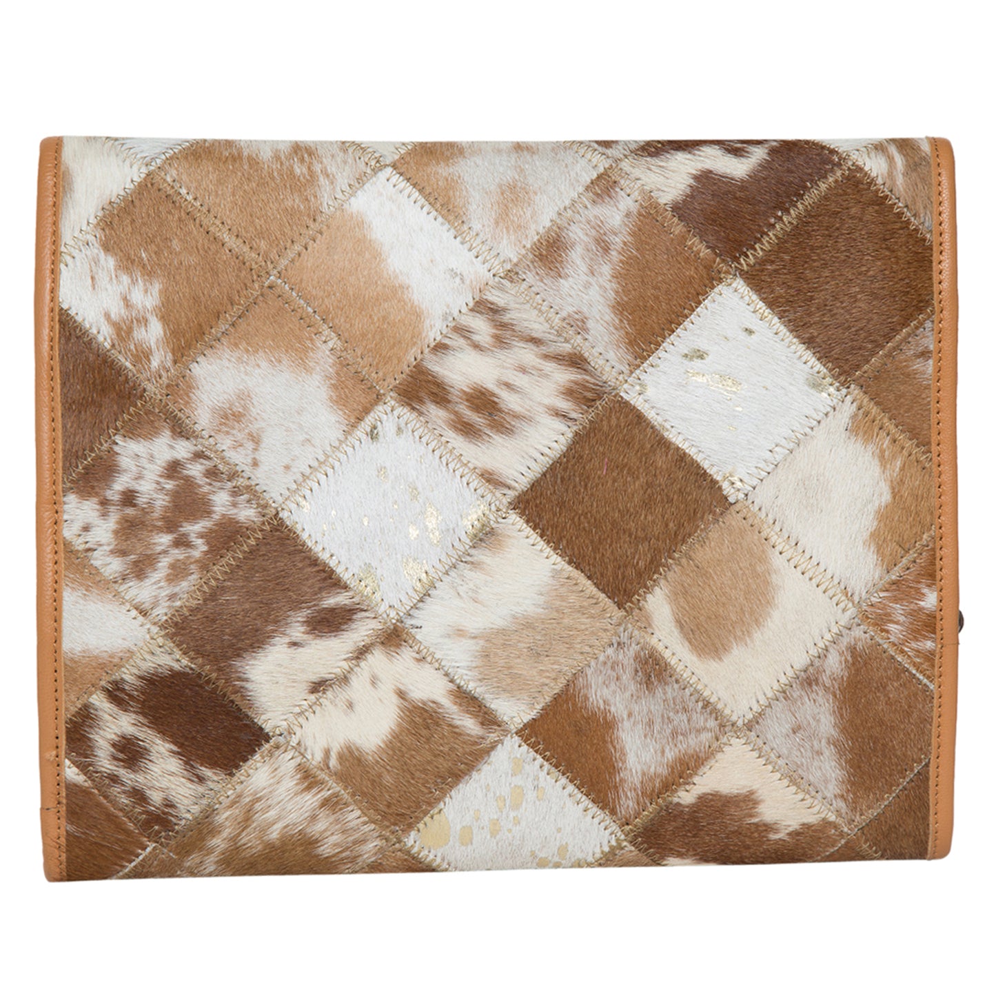 The Design Edge Patchwork Cowhide and Tooling Leather Makeup Bag - Tan and White