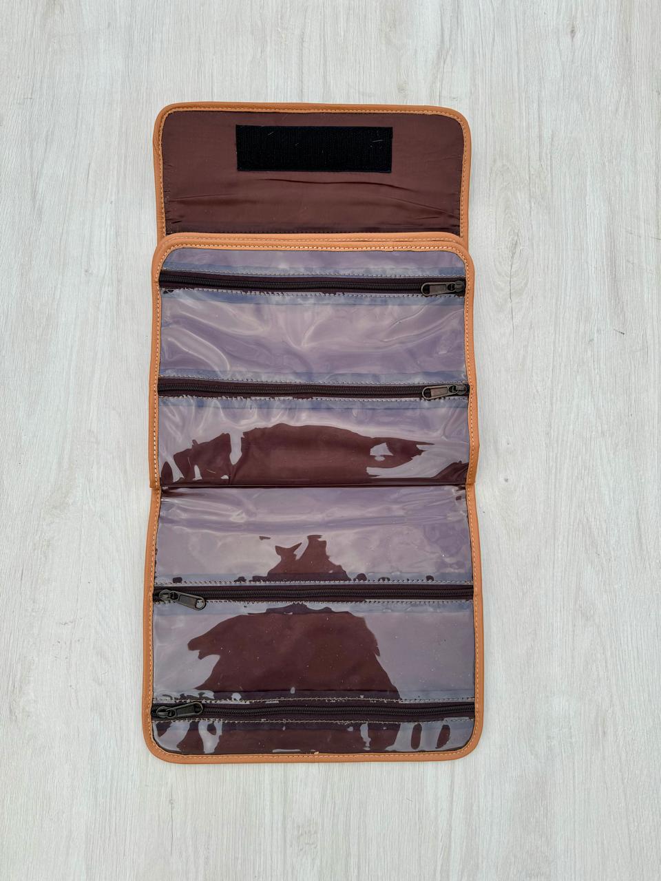 The Design Edge Patchwork Cowhide and Tooling Leather Makeup Bag - Tan and White