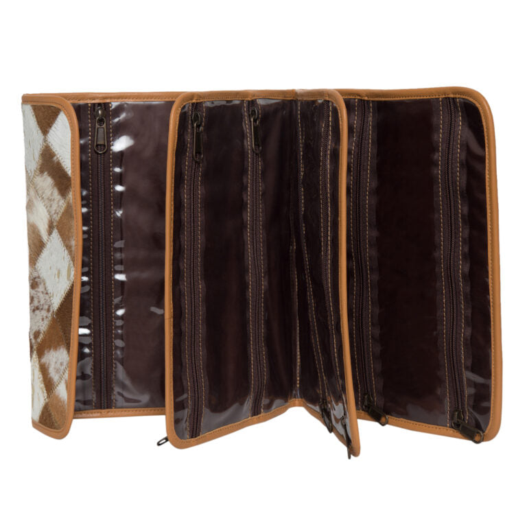 The Design Edge Patchwork Cowhide and Tooling Leather Makeup Bag - Tan and White