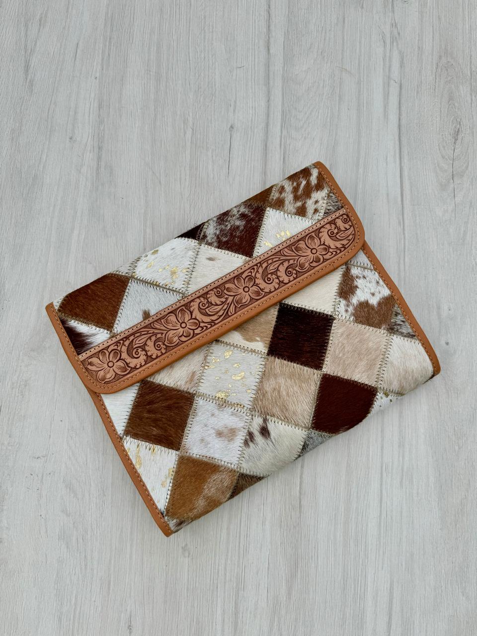 The Design Edge Patchwork Cowhide and Tooling Leather Makeup Bag - Tan and White