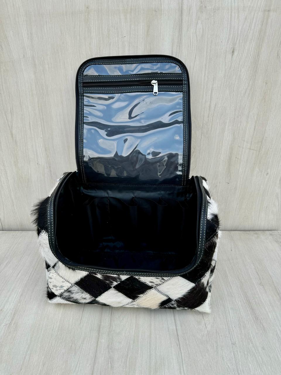 The Design Edge Patchwork Cowhide and Tooling Leather Toiletries Bag - Black and White