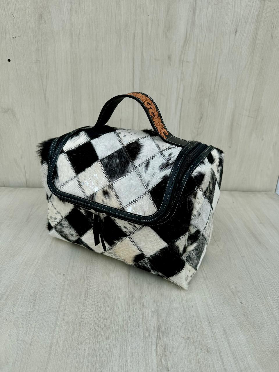 The Design Edge Patchwork Cowhide and Tooling Leather Toiletries Bag - Black and White