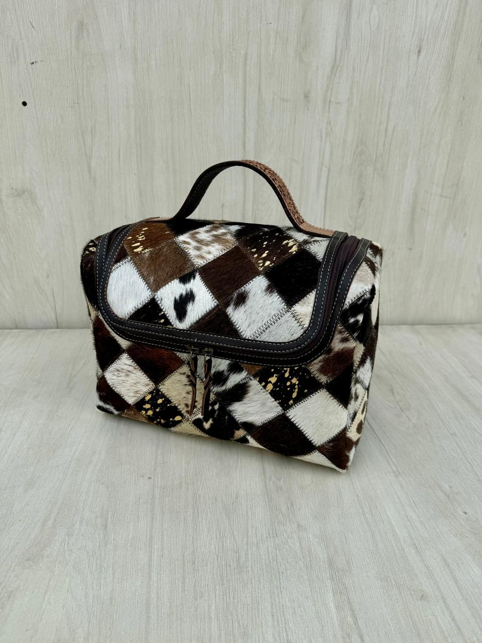 The Design Edge Patchwork Cowhide and Tooling Leather Toiletries Bag - Brown and White