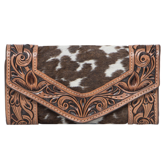 The Design Edge Tooling Leather Trifold Cowhide Wallet - Brown and White Hairon - AW26