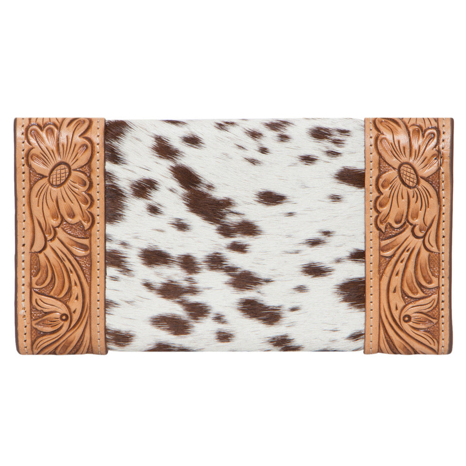 The Design Edge Tooling Leather Trifold Cowhide Wallet - Tan and White Hairon - AW26