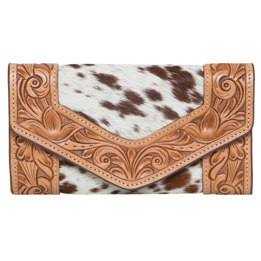 The Design Edge Tooling Leather Trifold Cowhide Wallet - Tan and White Hairon - AW26