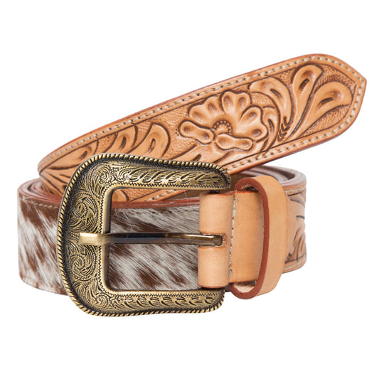 The Design Edge Ladies Tooling Leather Cowhide Belt - 06 - Tan and White