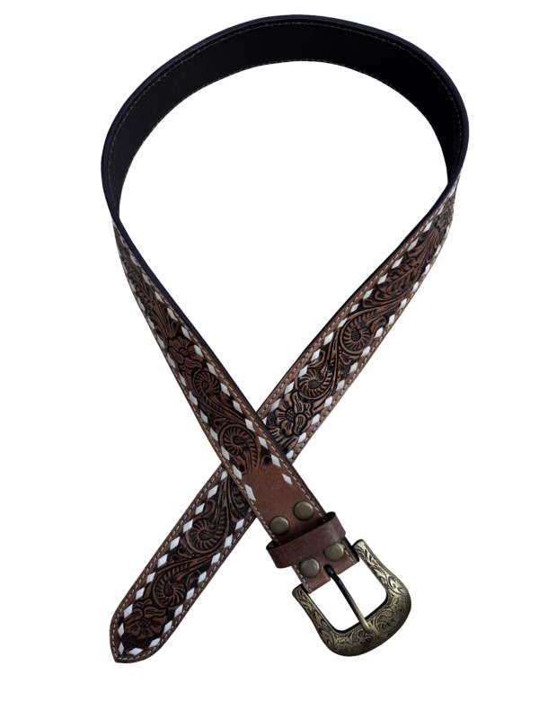 The Design Edge Ladies Buck Stitch Tooling Leather Belt with Removable Buckle - Brown Belt11