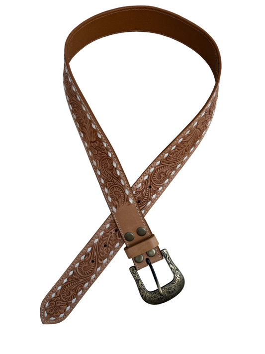 The Design Edge Ladies Buck Stitch Tooling Leather Belt with Removable Buckle - Tan Belt11