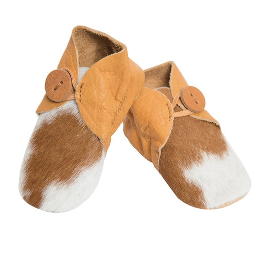 The Design Edge Hairon Baby Booties Cowhide Footwear - Tan and White