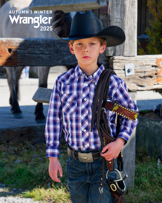 Wrangler Boys Noah Check Western L/S Shirt - Royal/Red