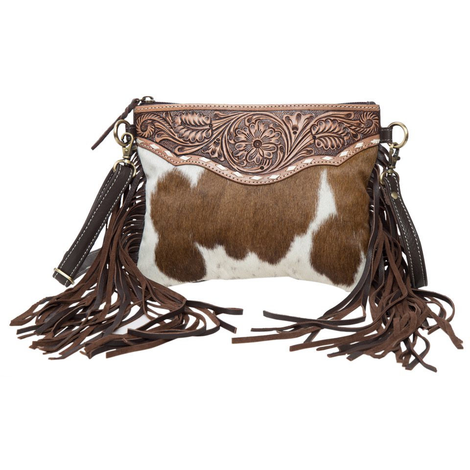 The Design Edge Curico Tooling Leather Cowhide Clutch Bag with Fringes - Brown and White – AB70