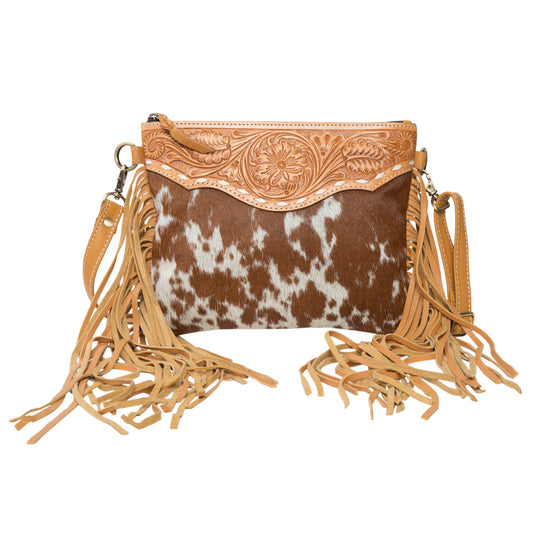 The Design Edge Curico Tooling Leather Cowhide Clutch Bag with Fringes –  Tan and White - AB70