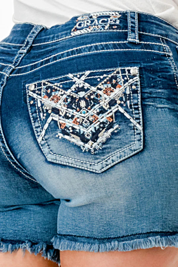 Grace in LA Ladies Aztec Mid Rise Denim Shorts - EH61590