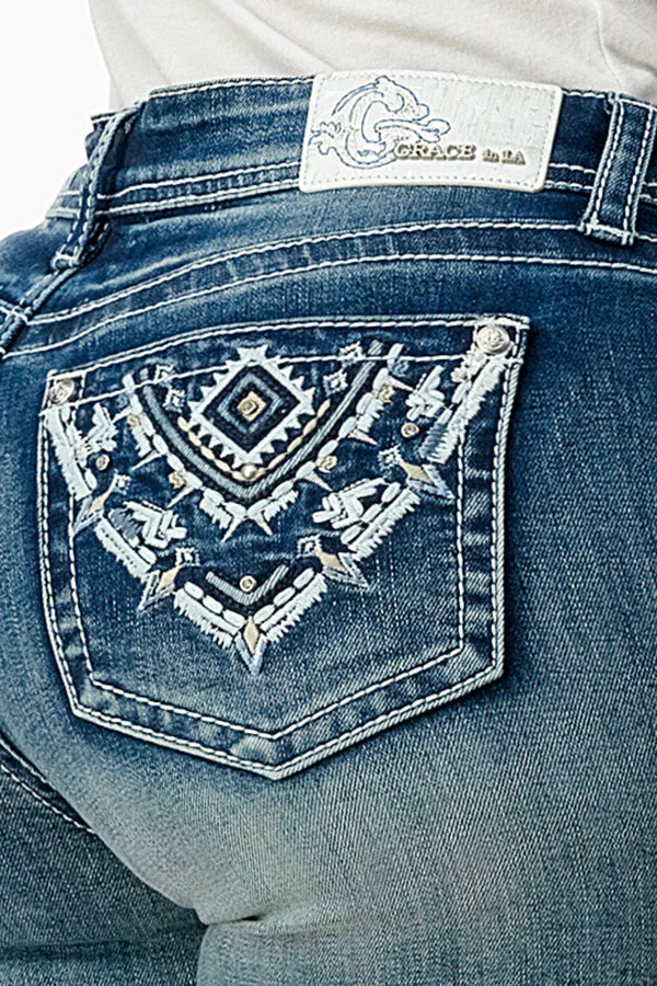 Grace in LA Ladies Aztec Embroidery Mid Rise Denim Shorts - EH61765