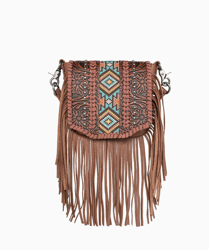 Montana West Montana West Genuine Leather Tooled Collection Fringe Crossbody - Brown - RLCL166