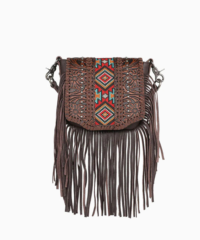 Montana West Montana West Genuine Leather Tooled Collection Fringe Crossbody - Coffee - RLCL166
