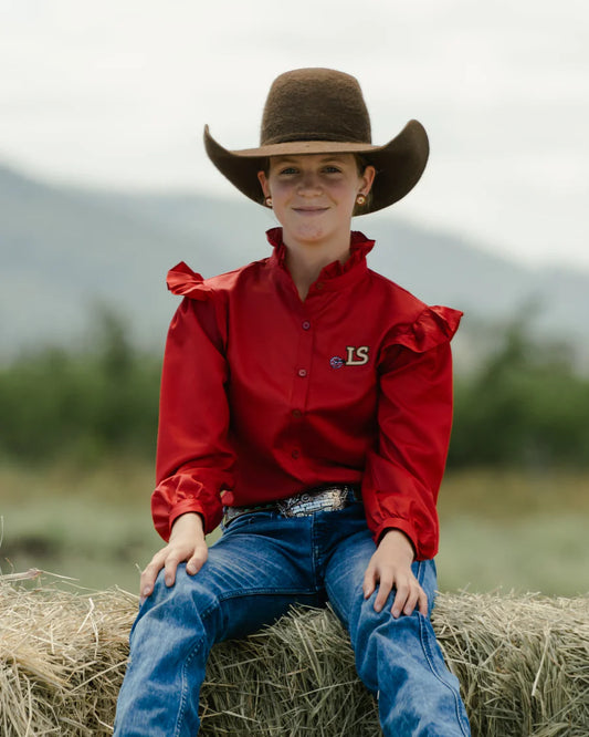Little Spurs & Co Girls Pechey Puff Sleeve Dress Shirt - Deep Red