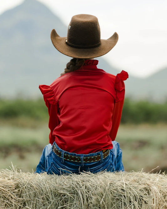 Little Spurs & Co Girls Pechey Puff Sleeve Dress Shirt - Deep Red