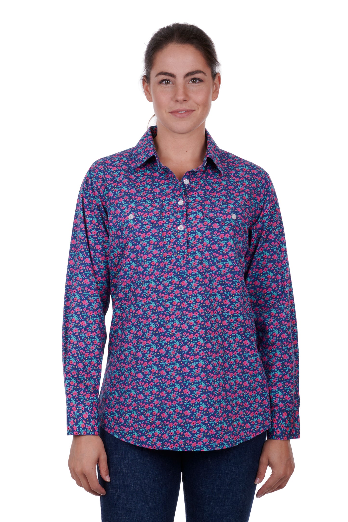 Hard Slog Ladies Half Plkt L/S Shirt - Navy - H3S2101151