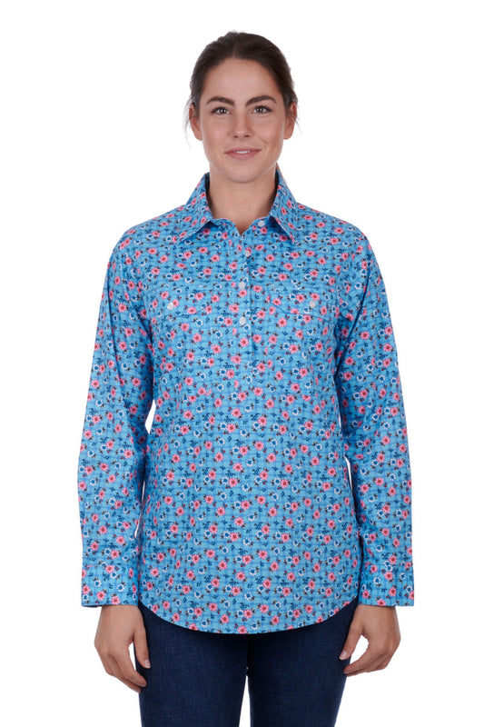 Hard Slog Ladies Becki Half Placket L/S Shirt - Blue - H3S2101152