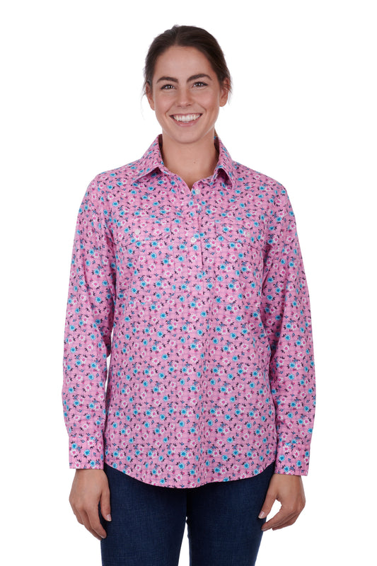Hard Slog Ladies Floria Half Placket L/S Shirt - Pink - H3S2101153