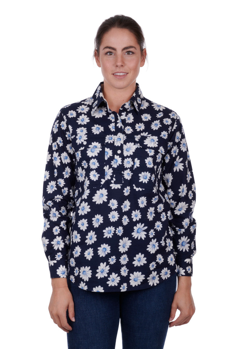 Hard Slog Ladies Half Plkt L/S Shirt - Navy - On Sale